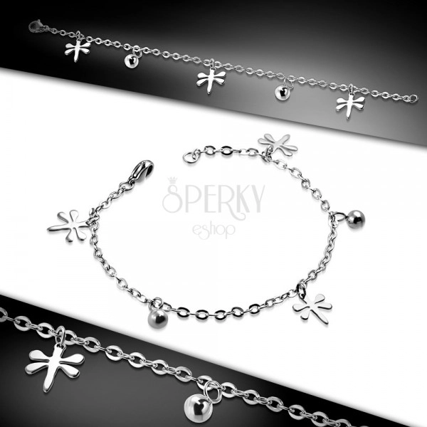 Stainless steel bracelet, shiny balls and dragon-flies, silver colour 