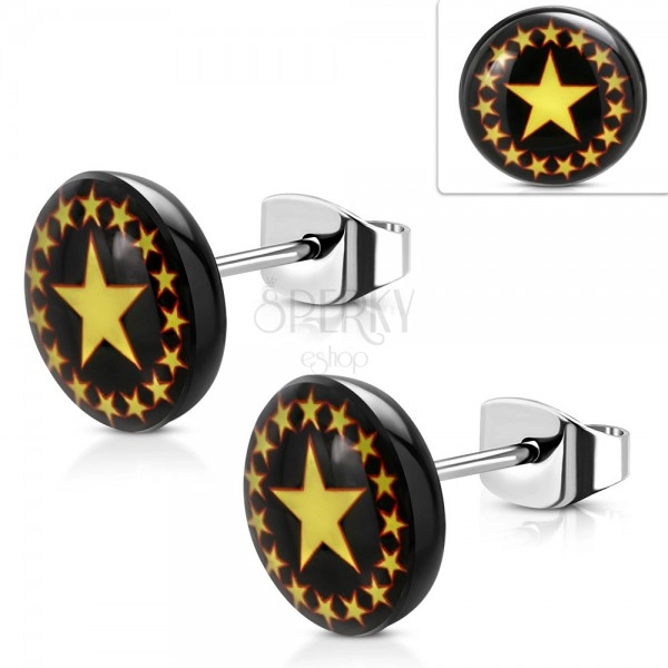Steel earrings, black circle with yellow-red stars, stud earrings