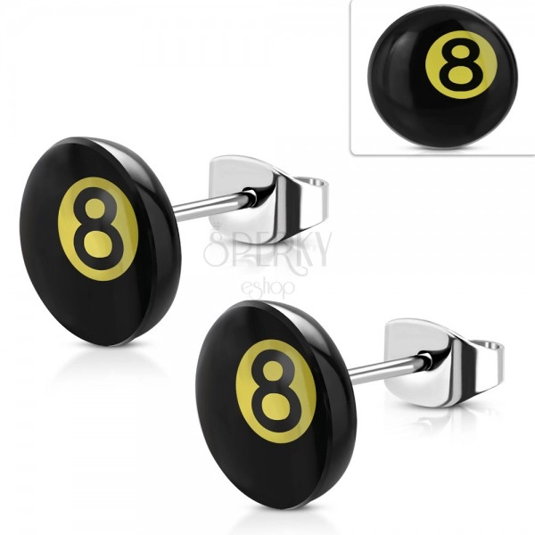 Stainless steel earrings, magic billiard ball number 8 - black and yellow colour