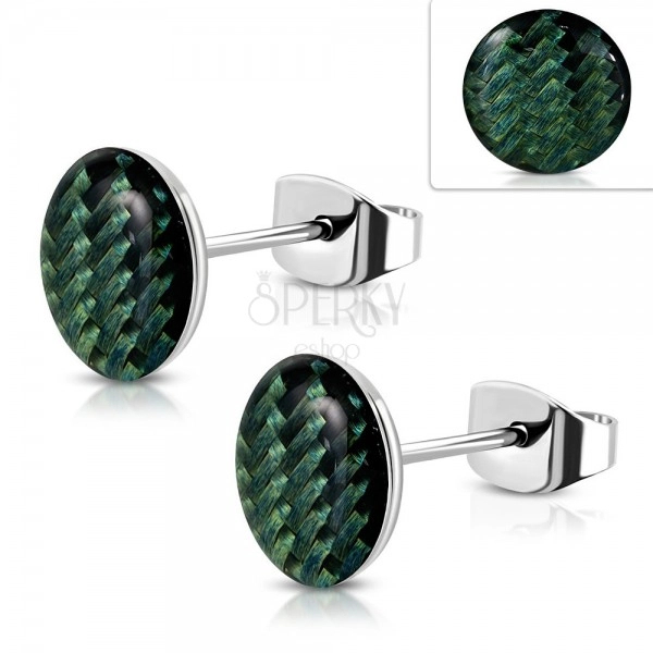 Steel earrings, acrylic circle with dark green string pattern, glaze