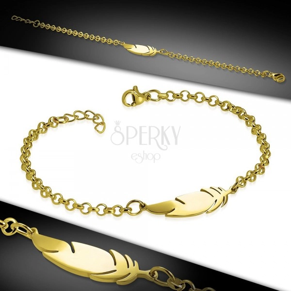 Surgical steel bracelet in gold colour, shiny chain, feather