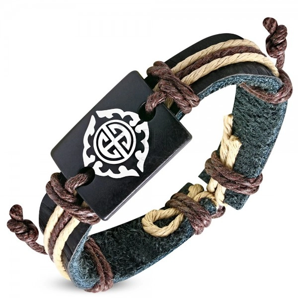 Black strip bracelet made of synthetic leather and brown strings, Tribal symbol