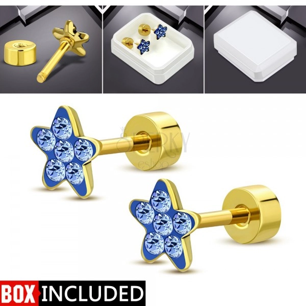 Steel stud earrings with a screw in gold colour, glittering flower made of blue zircons