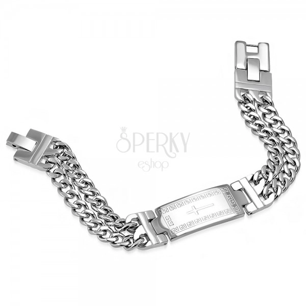 Stainless steel silver bracelet, double chain, plate with a cross