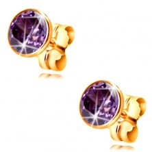 14K gold earrings - dark-purple circular zircon in a mount, 5 mm