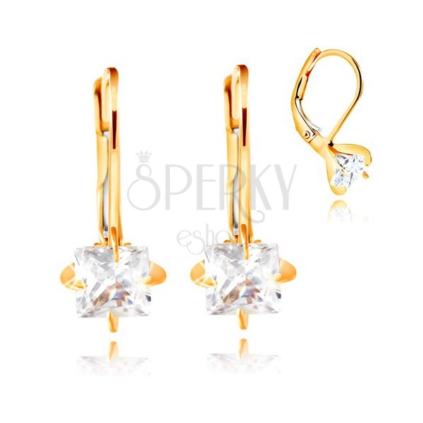 14K gold earrings - four arched prongs, clear zircon square, 5 mm