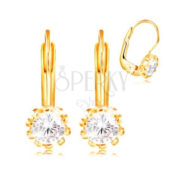 14K yellow gold earrings - clear zircon densely rimmed with prongs, 4 mm