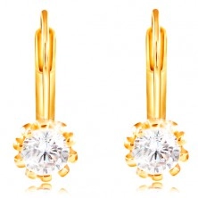 14K yellow gold earrings - clear zircon densely rimmed with prongs, 4 mm