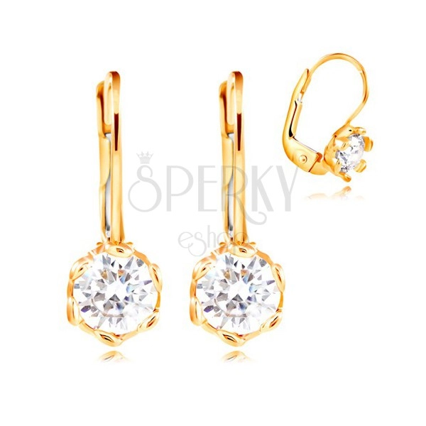 14K yellow gold earrings - clear zircon with decorative prongs, 4,5 mm