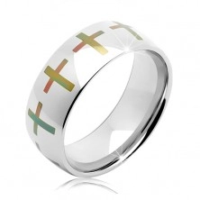Stainless steel silver wedding band, coloured crosses around the perimeter, 8 mm