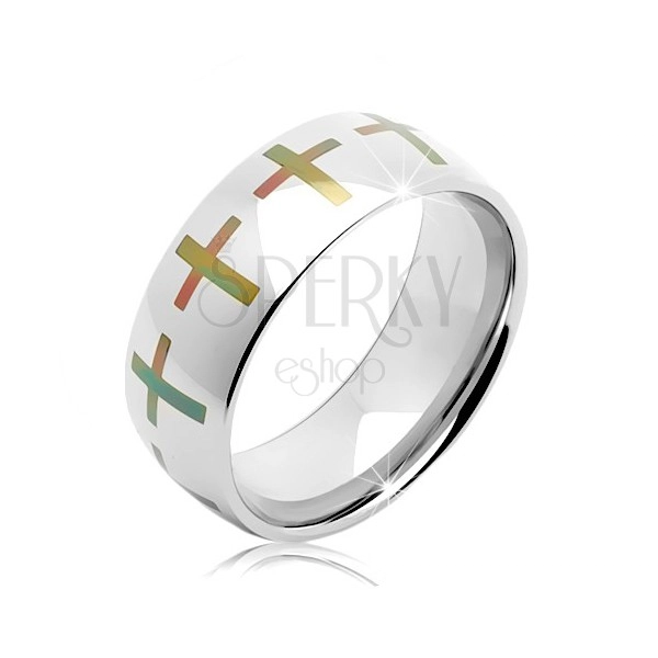 Stainless steel silver wedding band, coloured crosses around the perimeter, 8 mm