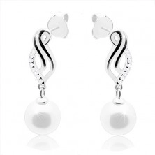 925 silver earrings, curved leaf contour, white round pearl, studs