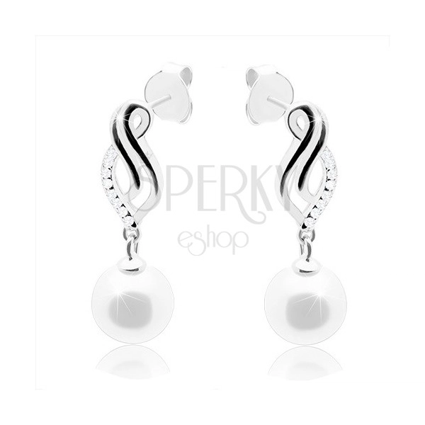 925 silver earrings, curved leaf contour, white round pearl, studs