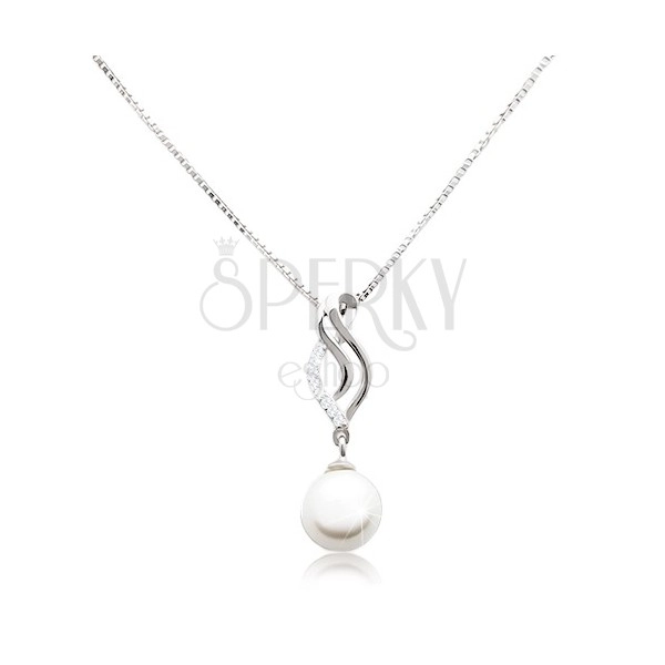 925 silver necklace, chain and pendant - curved leaf and white round pearl