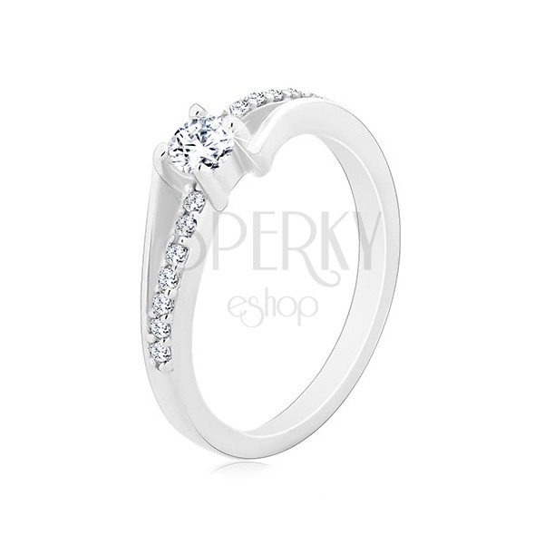 925 silver ring, split curved shoulders, circular clear zircon