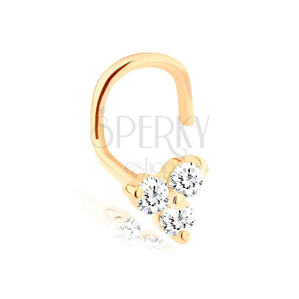 14K yellow gold curved nose piercing - three sparkly clear brilliants