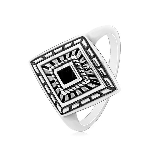 925 silver ring, patinated rhombus with black glaze in the middle