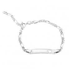 925 silver bracelet, Figaro pattern, shiny plate with a heart cut