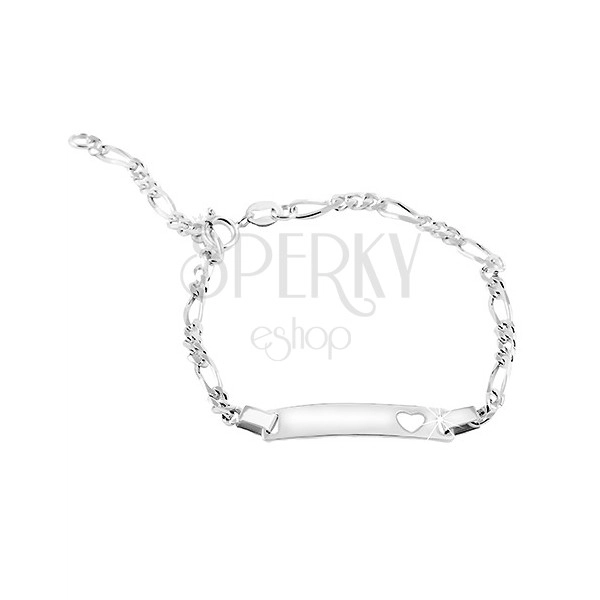 925 silver bracelet, Figaro pattern, shiny plate with a heart cut
