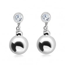 925 silver earrings, circular clear zircon with a dangling ball