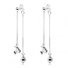 925 silver earrings, a dolphine and a ball on thin chains 
