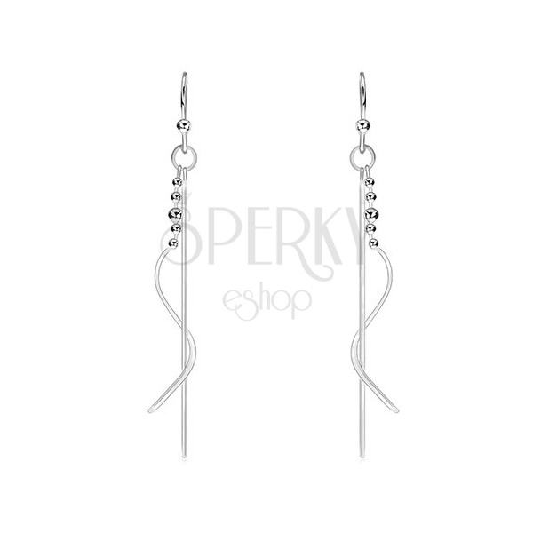 Dangling earrings, 925 silver - straight stick and a spiral with balls, hooks