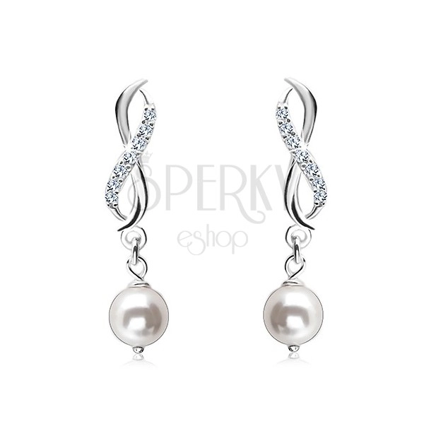 925 silver earrings, infinity symbol of two waves, white round pearl