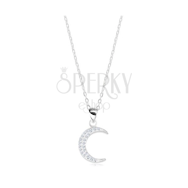 925 silver necklace, shiny chain, moon crescen decorated with imbedded zircons