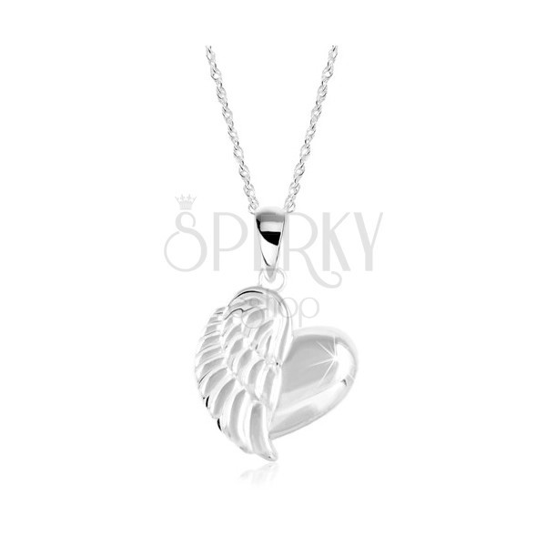 925 silver necklace, shiny heart with angel wing, twisted chain