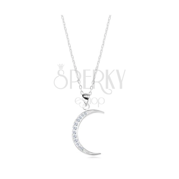 925 silver necklace, shiny chain, thin moon crescent inlaid with zircons