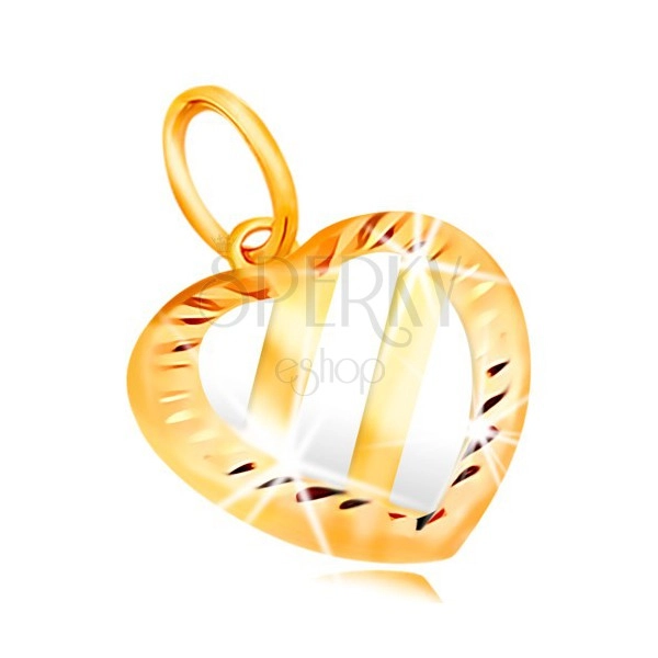 14K gold pendant - heart with three diagonal stripes of white gold, indents