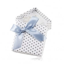 Box for earrings or two rings, white surface, grey dots and shiny ribbon