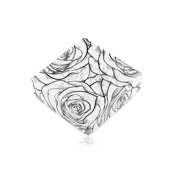 Box for earrings or two rings, black rose pattern on white base