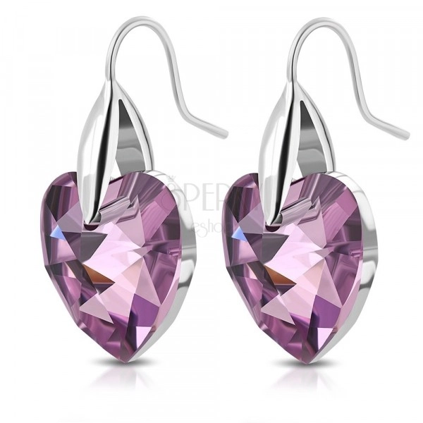 316L steel earrings in silver colour, purple zircon heart