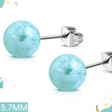 Stainless steel earrings, light blue balls with a motif of white flowers