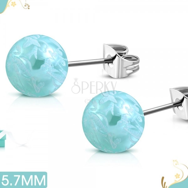 Stainless steel earrings, light blue balls with a motif of white flowers