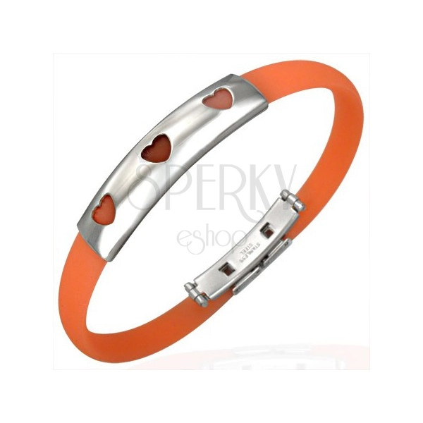 Rubber bangle in orange colour – steel plate with three cut-out hearts