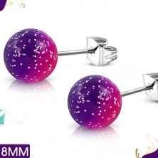 Steel earrings, pink-purple acrylic balls with glitters, stud earrings