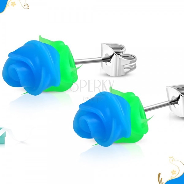 Steel stud earrings, blue silicone rose with green leaves