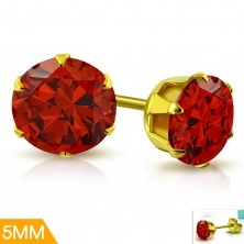 Stainless steel earrings in gold colour, light red zircon in a mount, 5 mm