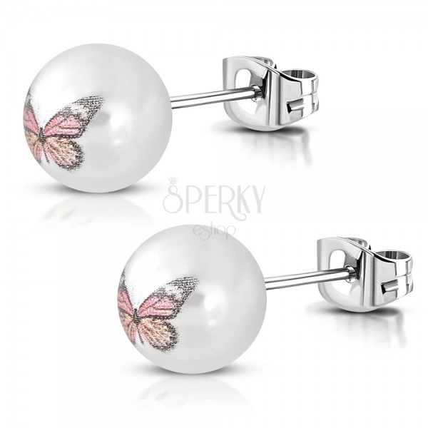 316L steel earrings, pearly white acrylic balls with a colourful butterfly