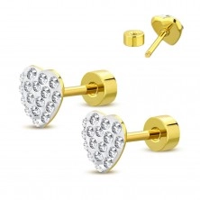 Golden stud earrings, 316l steel, heart with clear zircons