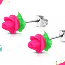 Stainless steel earrings, neon pink silicone rose, green leaves