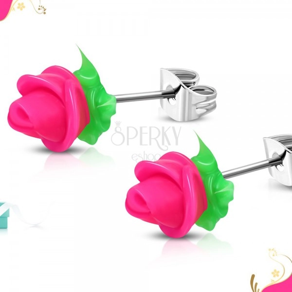 Stainless steel earrings, neon pink silicone rose, green leaves