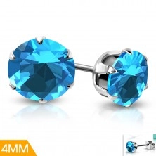 Steel stud earrings, blue zircon with a decorative mount, 4 mm