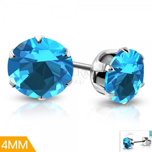 Steel stud earrings, blue zircon with a decorative mount, 4 mm