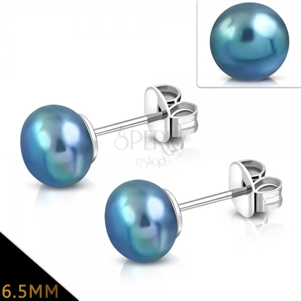 316L steel earrings in silver colour with a blue-grey pearlescent ball, 6,5 mm