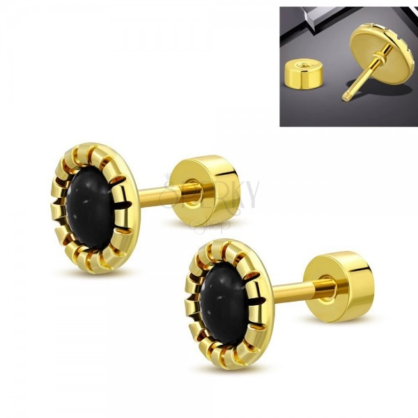 Steel earrings in gold colour, a flower with a black-white middle, screw-back fastening