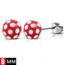 Stainless steel earrings, red balls with white dots
