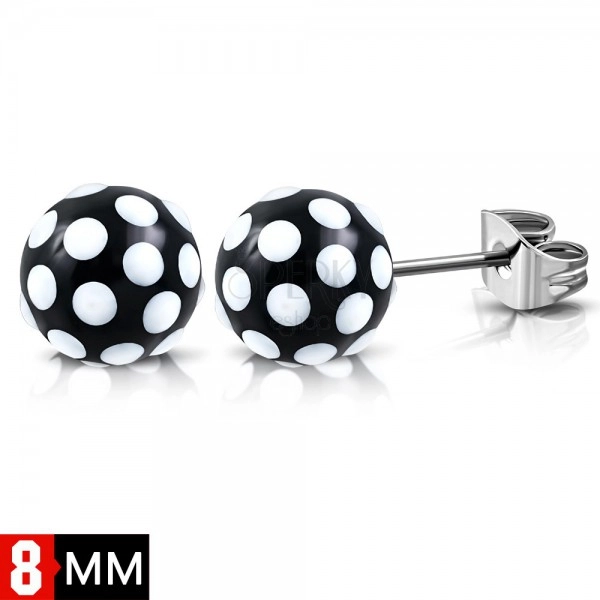 316L steel earrings, black-white balls with dots